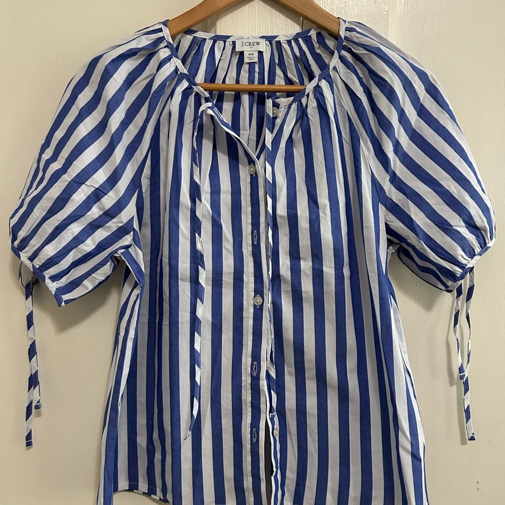 J. Crew Blue and White Puff Sleeve Blouse